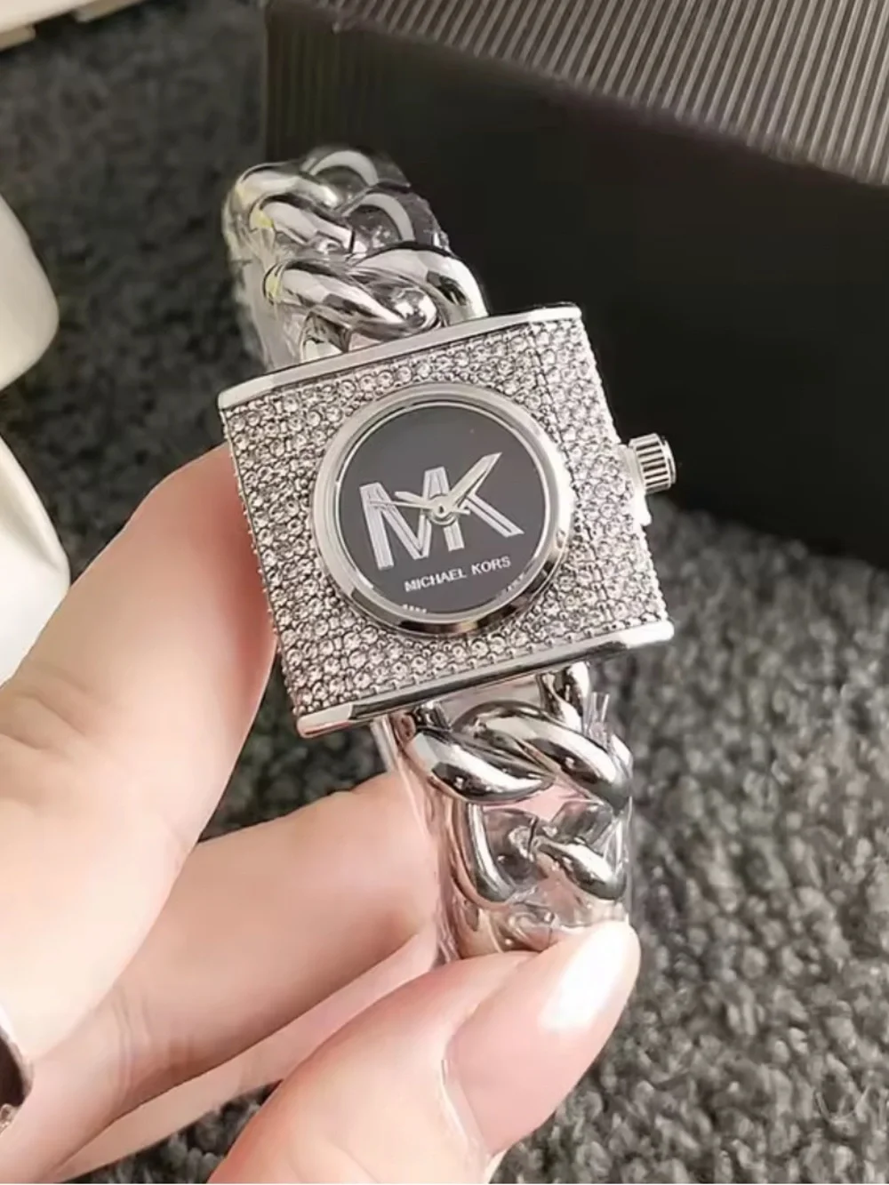 Designer inspired Michael Kors Silver Square Crystal-Trim MK Logo Bracelet Watch